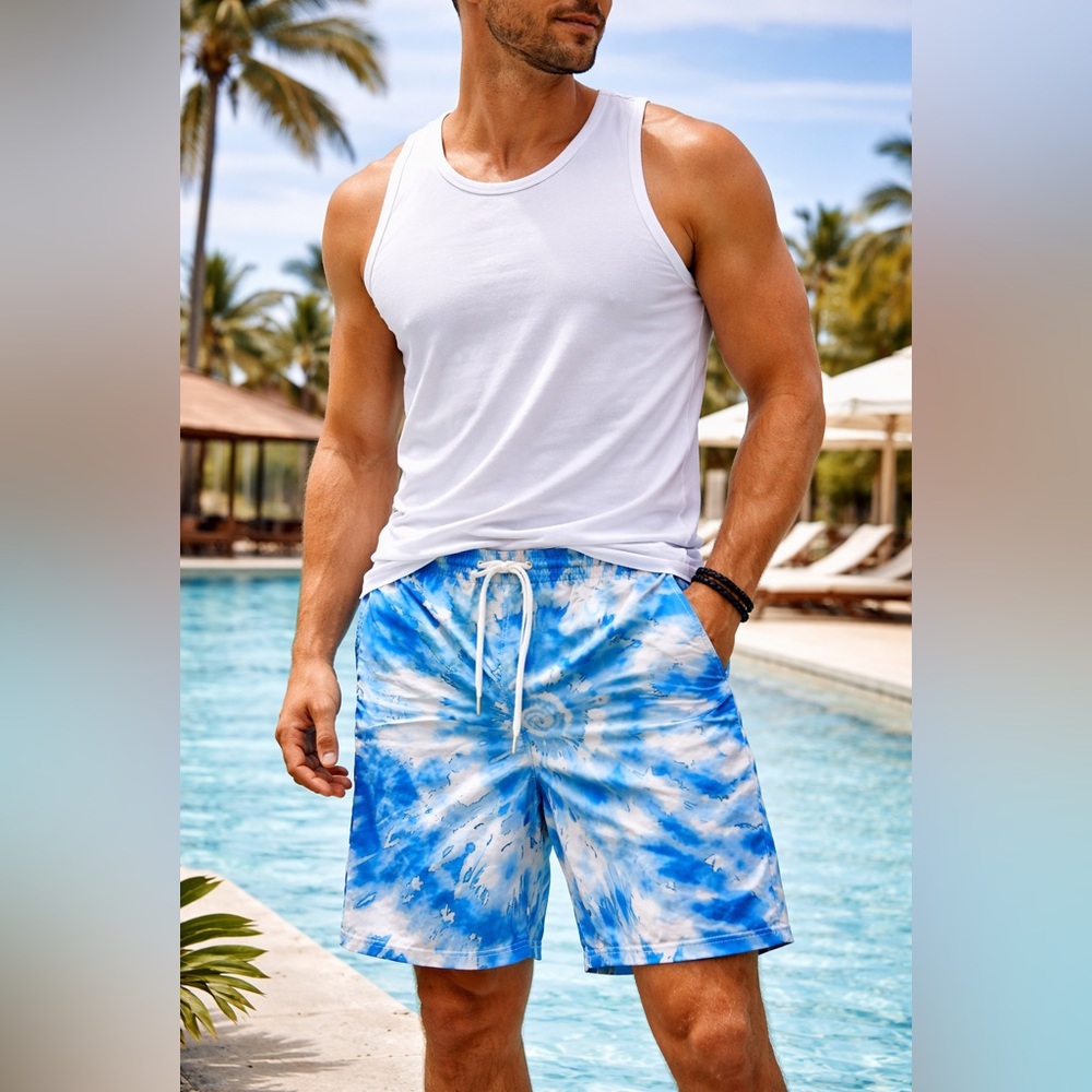 💙🤍 Men’s Blue Spiral Tie-Dye Lounge / Swim Shorts – Size Medium – NWOT